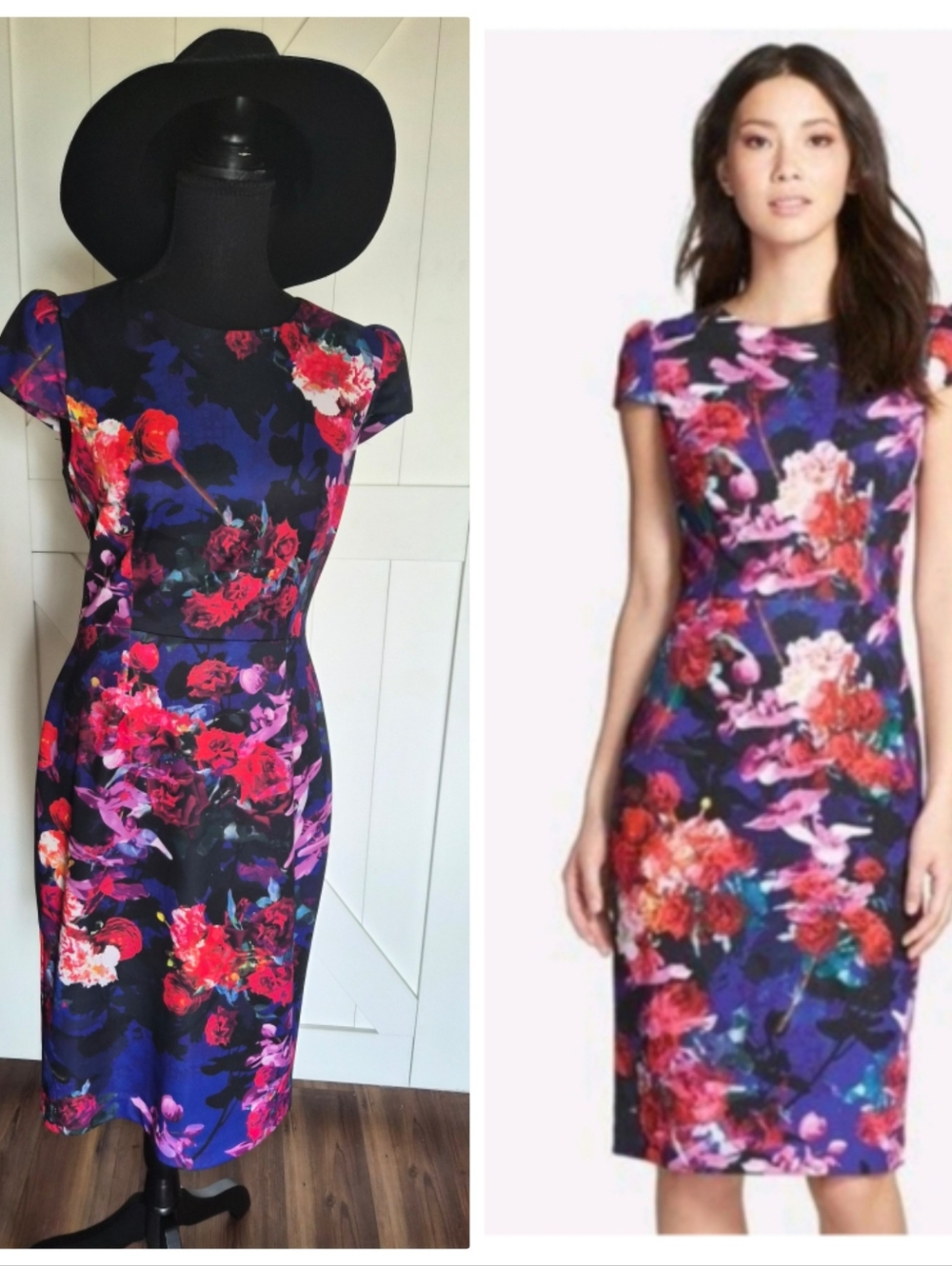 BETSEY JOHNSON Blue Pink Floral Cap Sleeve Sheath Midi Dress- Size 6